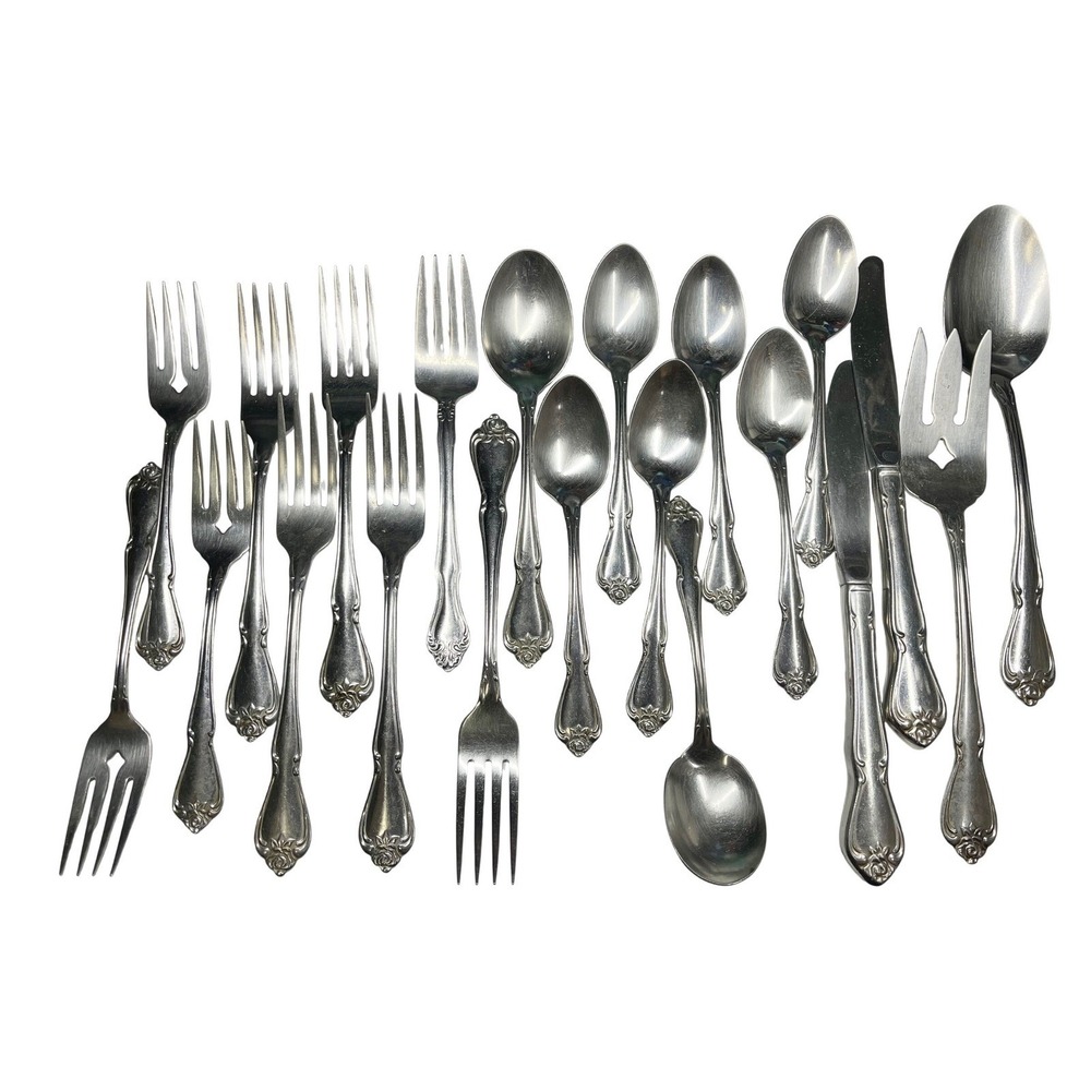 Oneida Silver Stainless Steel Flatware Set Rose Floral Embossed Cottagecore